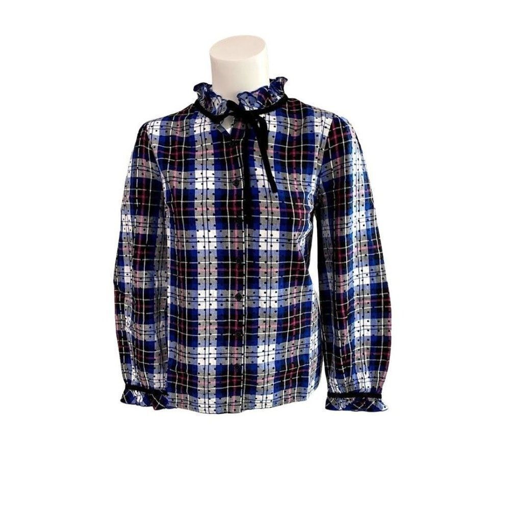 Charter Club Plaid Shirt Top Petite Medium‎ Women's Blue Gray Pink White NEW
